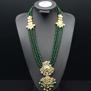 Zama White Kundan/Green Beads Long Necklace Set - Gold