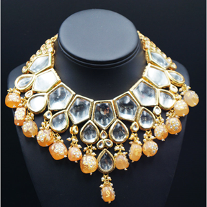 Karisa White Kundan/Peach Beads Necklace Set - Gold