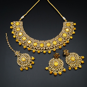 Urbi- Gold Polki & Yellow Beads Necklace Set - Antique Gold