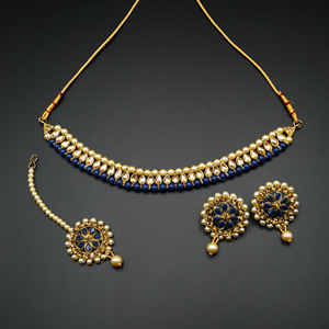 Bagya Gold Diamante/Blue Necklace Set - Antique Gold