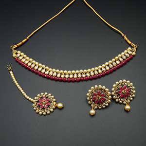 Bagya Gold Diamante/Pink Necklace Set - Antique Gold