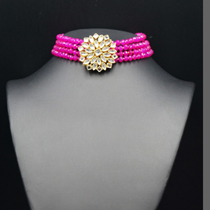 Reema- White Kundan/Hot Pink Beads  Punjabi Necklace Set -Gold