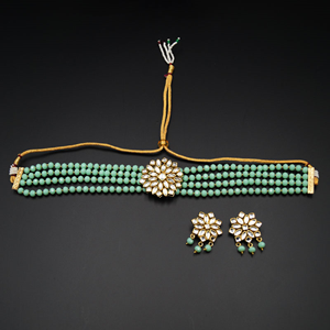 Reema- White Kundan/Pista Beads  Punjabi Choker Necklace Set -Gold