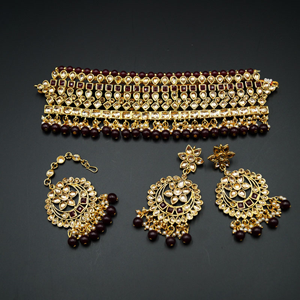 Jodh Maroon /Gold Stone Choker Necklace Set - Gold
