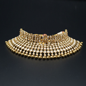 Jain Gold Polki Stone/Gold Beads Choker Necklace Set - Antique Gold
