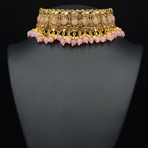 Ulka - Gold Diamante & Baby Pink Choker Necklace Set - Gold