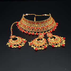 Jagya - Gold Diamante & Red Choker Necklace Set - Gold