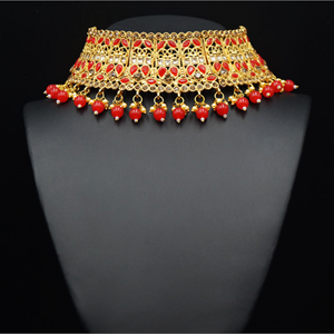 Jagya - Gold Diamante & Red Choker Necklace Set - Gold
