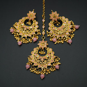 Jagya - Gold Diamante & Baby Pink Choker Necklace Set - Gold