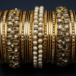 Odera Gold Polki Stone Bangle Set - Antique Gold