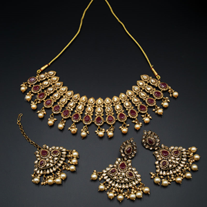 Jekha -Gold Diamante/Maroon Stone Necklace Set - Antique Gold