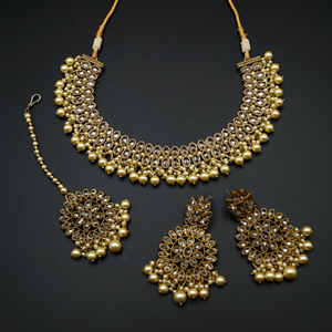 Fulki Gold Polki & Champane Pearls necklace set - Antique Gold