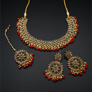 Fulki Gold Polki & Red  Necklace Set - Antique Gold