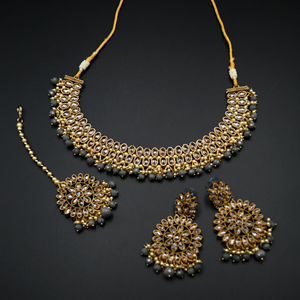 Fulki Gold Polki & Grey Beads Necklace Set - Antique Gold