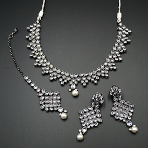 Indira - White Polki Gun Metal Necklace Set - Grey