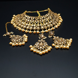 Amay Gold Faux Polki & Pearl Choker Necklace Set - Antique Gold