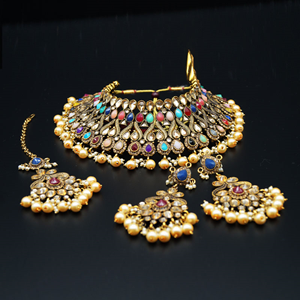 Amay Multicolour Faux Polki & Pearl Necklace Set - Antique Gold