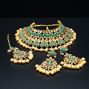 Amay Mint Faux Polki & Pearl  Choker Necklace Set - Antique Gold