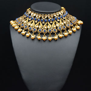 Amay Blue Faux Polki & Pearl Choker Necklace Set - Antique Gold