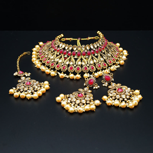 Amay Ruby Faux Polki & Pearl Choker Necklace Set - Antique Gold