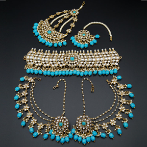 Taksh White Kundan/ Turquoise Beads Choker Set - Antique Gold