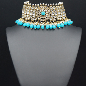 Taksh White Kundan/ Turquoise Beads Choker Set - Antique Gold