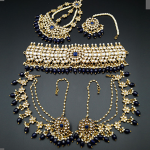 Taksh White Kundan/ Royal Blue Choker Set - Antique Gold