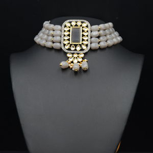Madri  Grey Kundan /Beads Choker Necklace Set - Gun Metal 