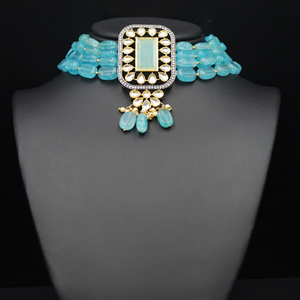 Madri Light Blue Kundan /Beads Choker Necklace Set - Gun Metal 