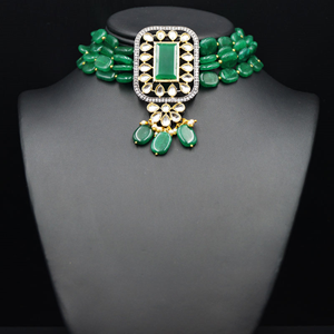 Madri  Green Kundan /Beads Choker Necklace Set - Gun Metal 