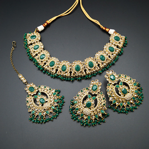 Keli Gold/Green Polki Stone Necklace Set - Antique Gold