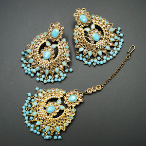 Keli Gold/Light Blue Polki Stone Necklace Set - Antique Gold