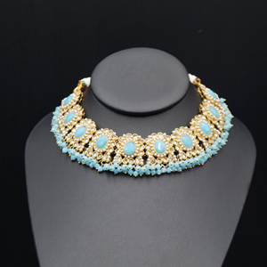 Keli Gold/Light Blue Polki Stone Necklace Set - Antique Gold