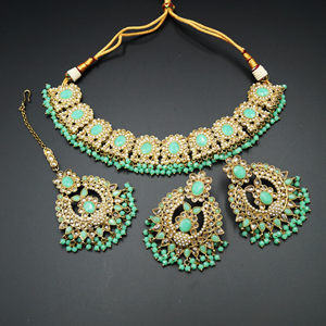 Keli Gold/Mint Polki Stone Necklace Set - Antique Gold