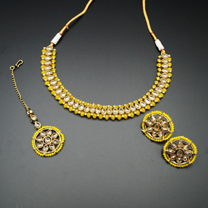 Banu Gold Polki/Yellow Necklace Set - Antique Gold