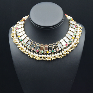 Kama -Silver Mirror Stone/Multicolour Necklace Set - Antique Gold