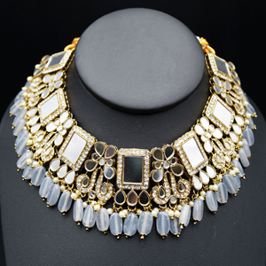 Warhi White Mirror/Grey Beads Necklace  Set - Antique Gold