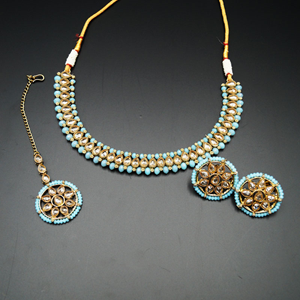 Banu Gold Polki/Light Blue Necklace Set - Antique Gold