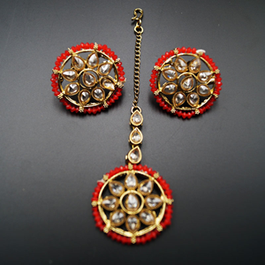 Banu Gold Polki/Red Necklace Set - Antique Gold