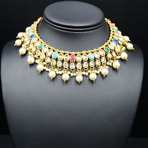 Saira Gold/Multicolour Polki Stone Necklace Set - Antique Gold