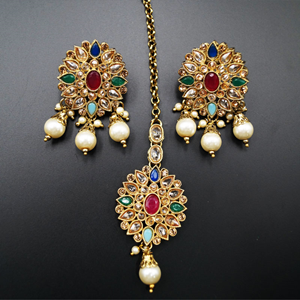 Saira Gold/Multicolour Polki Stone Necklace Set - Antique Gold