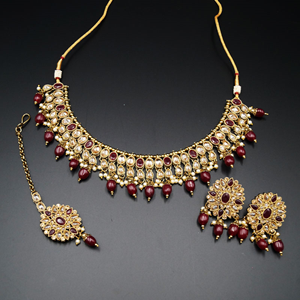 Saira Gold/Maroon Polki Stone Necklace Set - Antique Gold