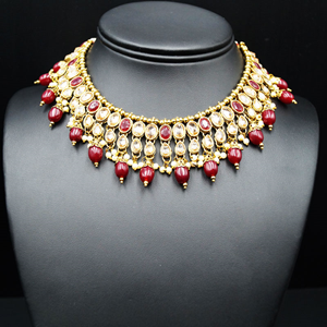 Saira Gold/Maroon Polki Stone Necklace Set - Antique Gold