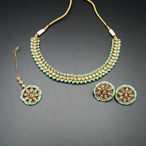 Banu Gold Polki/Pista Necklace Set - Antique Gold