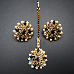 Turvi Gold/ Black Polki Stone Necklace Set - Antique Gold