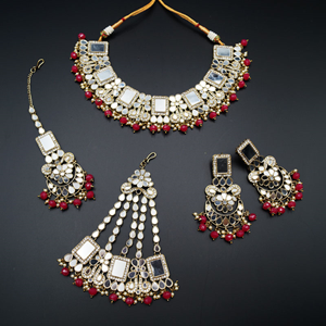 Warhi White Mirror/ Pink Beads Necklace Set - Antique Gold