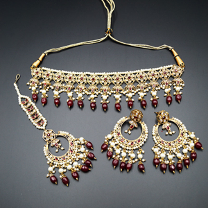 Yukta Gold Polki /Maroon Stone Pearl Choker Necklace Set - Antique Gold