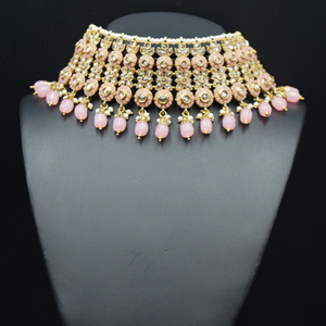 Shanta Gold/Baby Pink Polki Stone Choker Necklace Set - Antique Gold