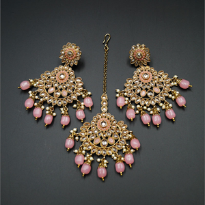 Shanta Gold/Baby Pink Polki Stone Choker Necklace Set - Antique Gold