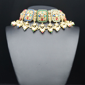 Oshin Gold Polki / Multicolour Choker Necklace Set - Antique Gold
